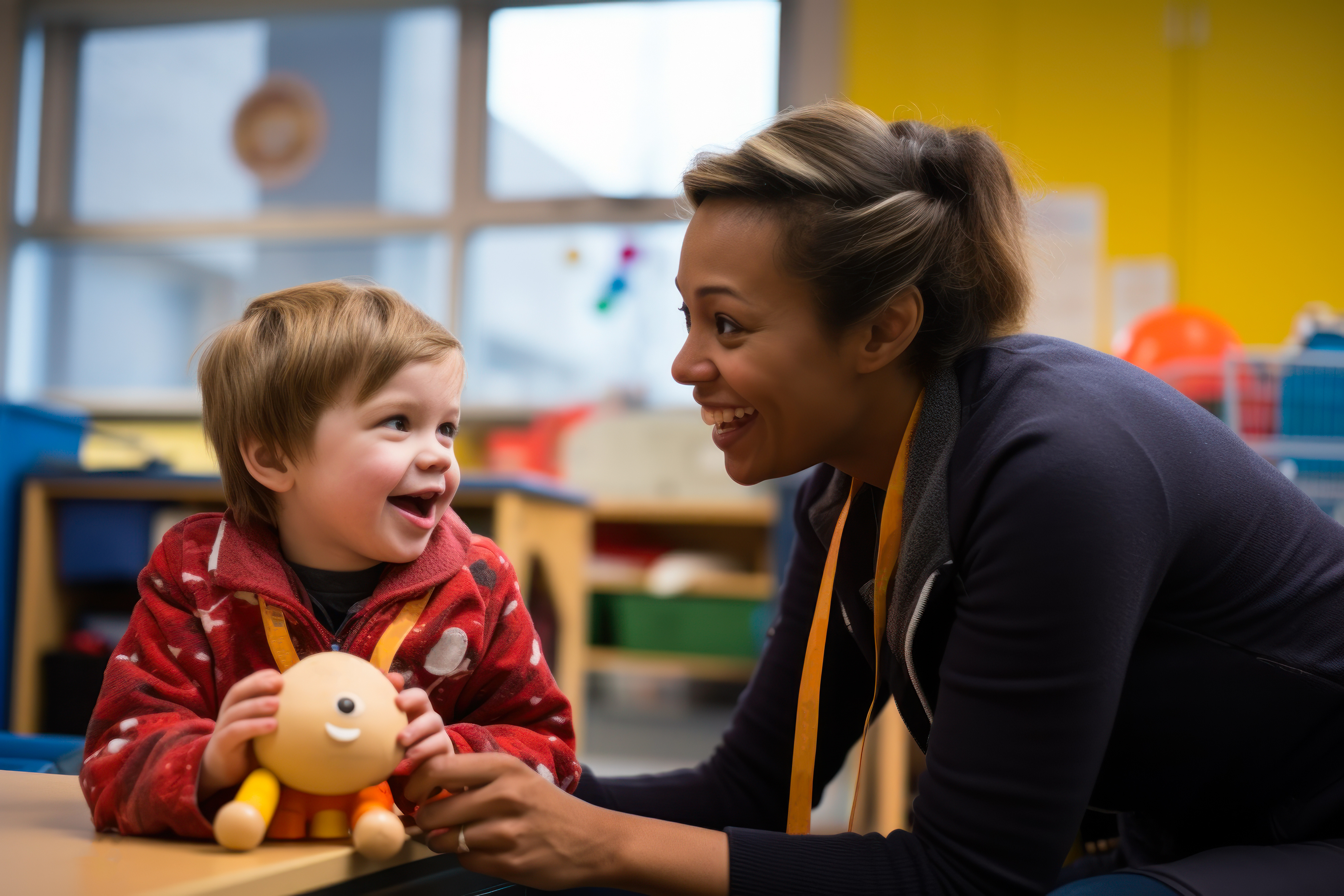 A smiling child in a red jacket holds a toy while interacting joyfully with a caring adult in a colorful classroom setting.